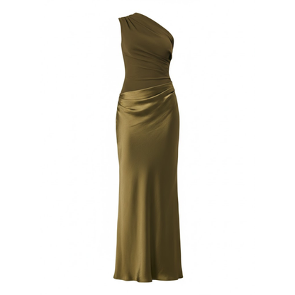 Elegant One-Shoulder Satin Maxi Dress - Sleeveless Patchwork Slim Fit Evening Gown for Parties