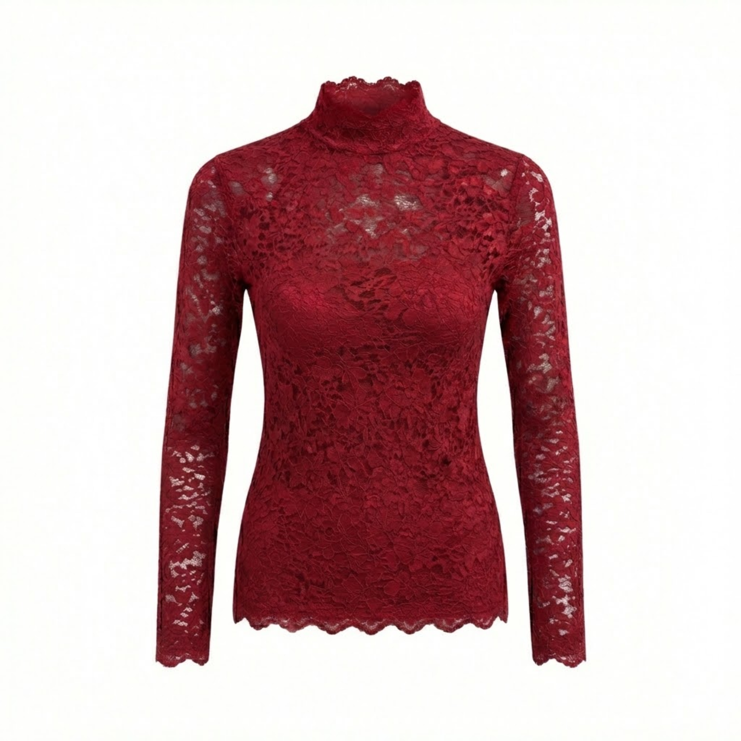 Floral Lace Long Sleeve Turtleneck Top with Petal Sleeves - Women's Knit Mesh Tee
