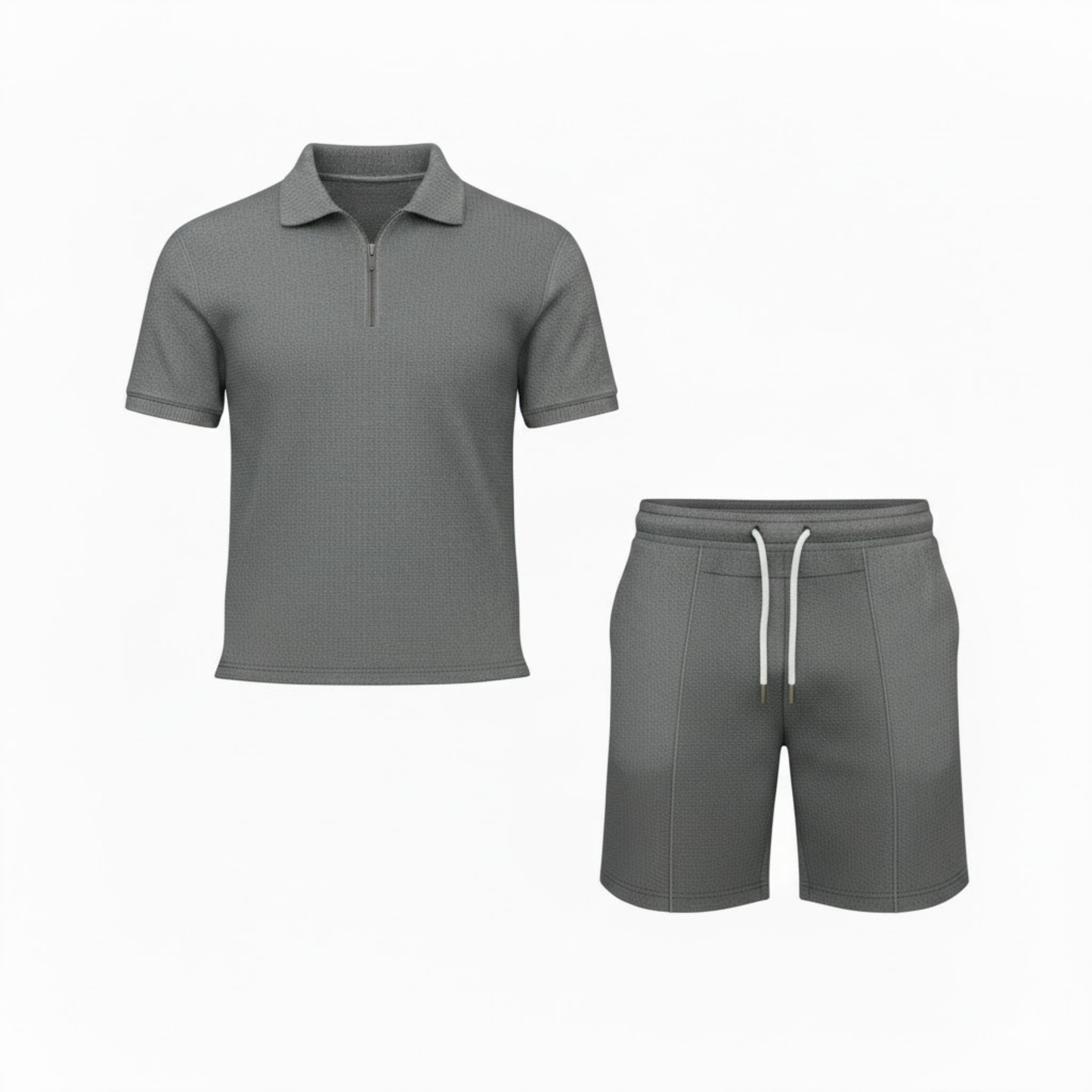 Men's Casual Two-Piece Tracksuit Set - Quarter Zip Polo Shirt and Drawstring Shorts