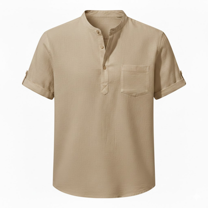 Men's Short Sleeve Cotton Linen Henley Shirt - Breathable Casual Beach Top with Pocket