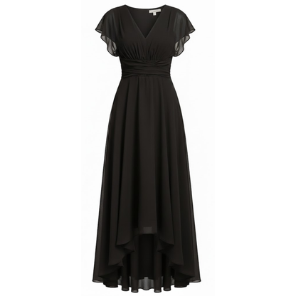 Elegant V-Neck Chiffon Midi Dress with Batwing Sleeves and Irregular Hem for Evening Parties