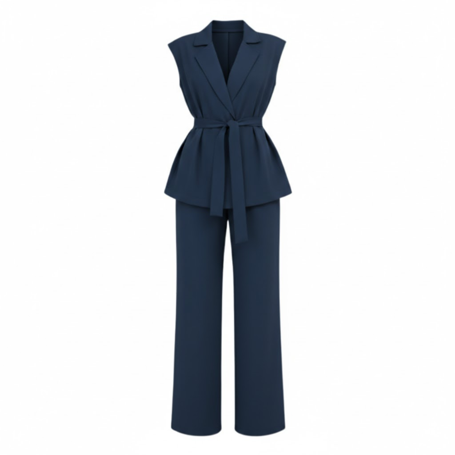 Women's Sleeveless Vest and Wide Leg Pants Outfit with Turn Down Collar and Adjustable Tie Waist Belt