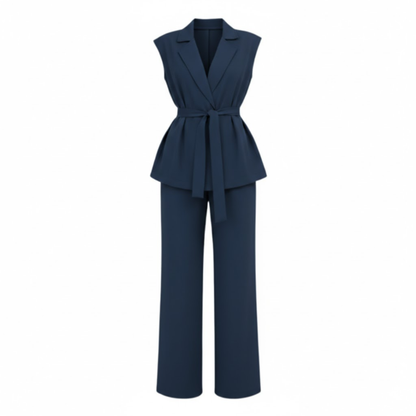 Women's Sleeveless Vest and Wide Leg Pants Outfit with Turn Down Collar and Adjustable Tie Waist Belt