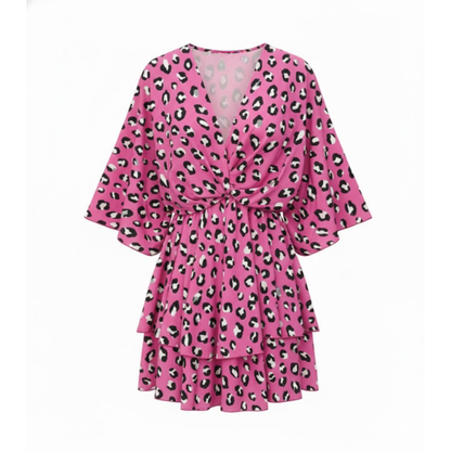 Boho V-Neck Floral Mini Dress with Batwing Sleeves and Ruffle Hem - Casual A-Line Gown