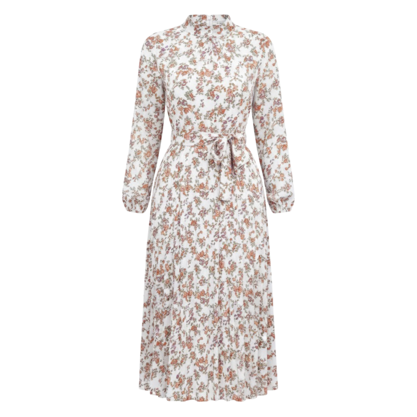 Floral Pleated A-Line Midi Dress with Long Sleeves, Stand Collar, and Waist Sash