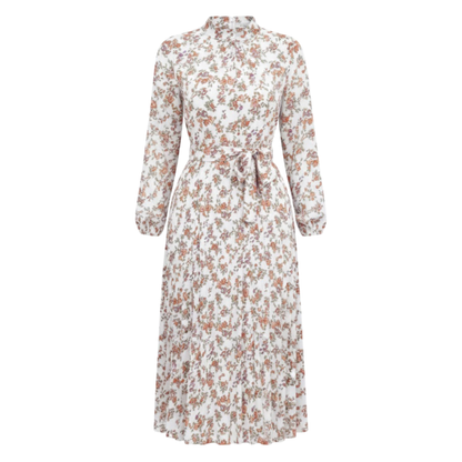 Floral Pleated A-Line Midi Dress with Long Sleeves, Stand Collar, and Waist Sash