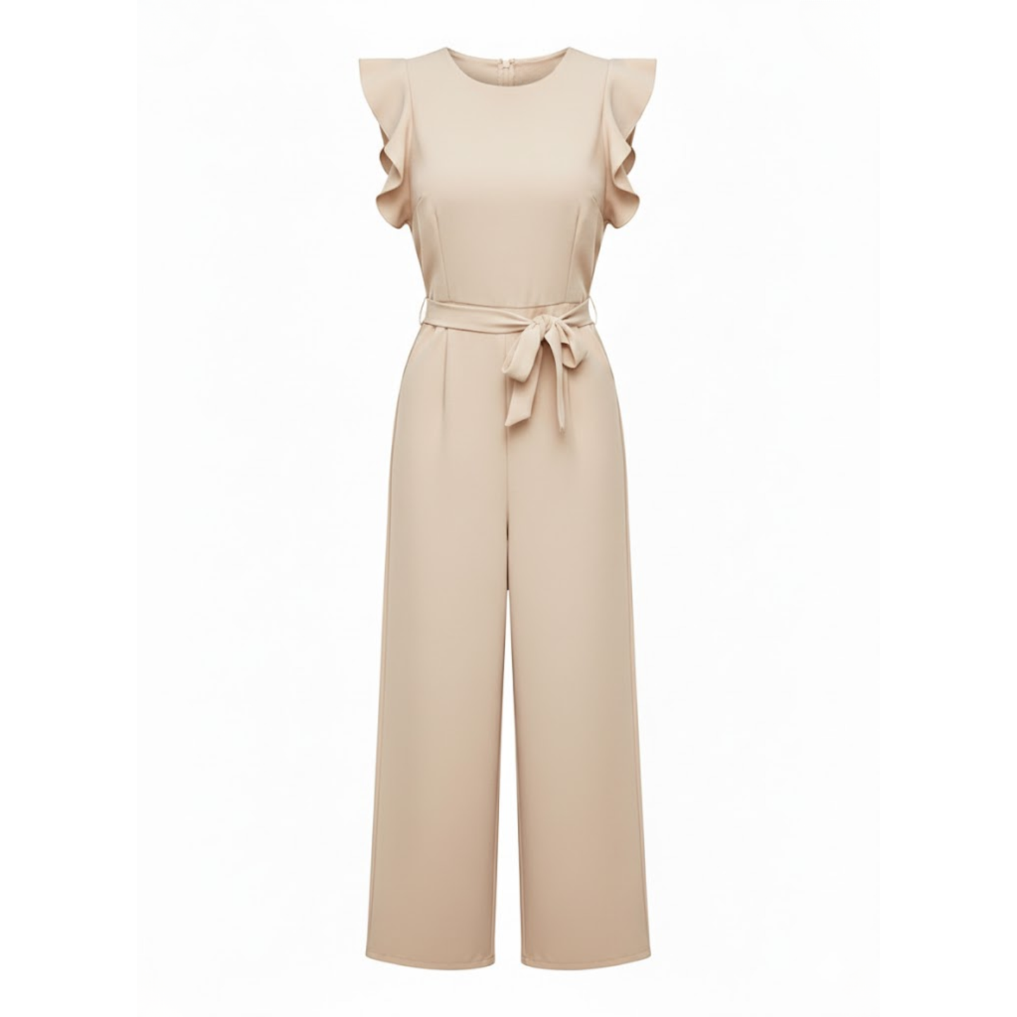 Women's High Waist Ankle-Length Jumpsuit with Flutter Sleeves and Sash - Wide Leg Romper