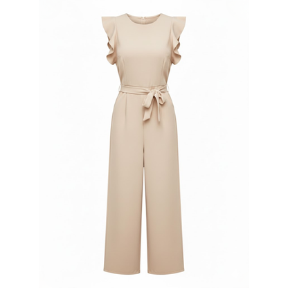 Women's High Waist Ankle-Length Jumpsuit with Flutter Sleeves and Sash - Wide Leg Romper