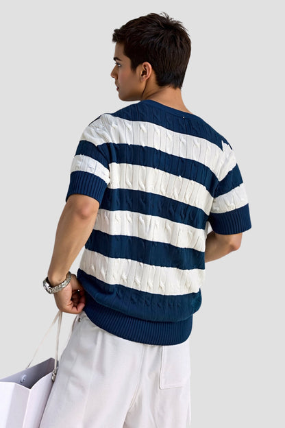 Striped Cable Knit Crew Neck T-Shirt for Men