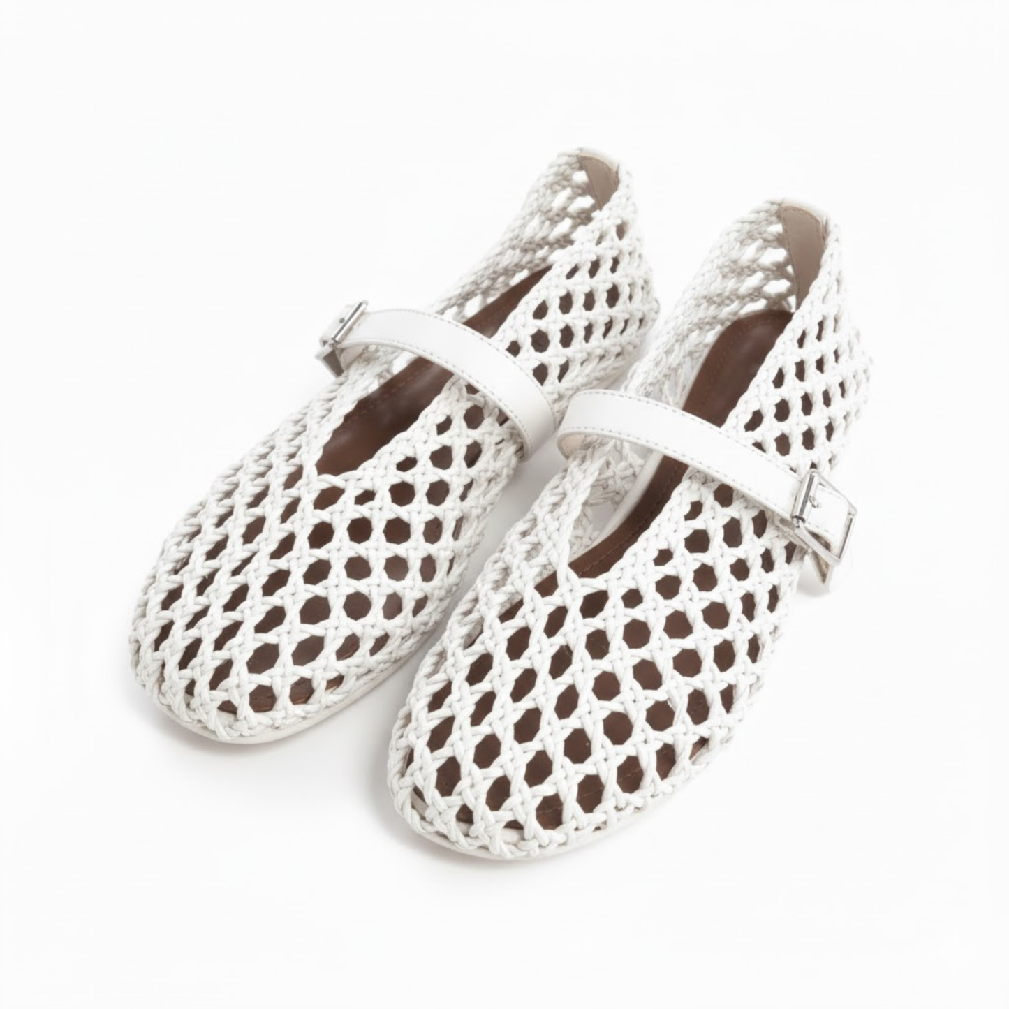 Women's Microfiber Ballet Flats - Woven Hollow Round Toe Sandals with Buckle Strap