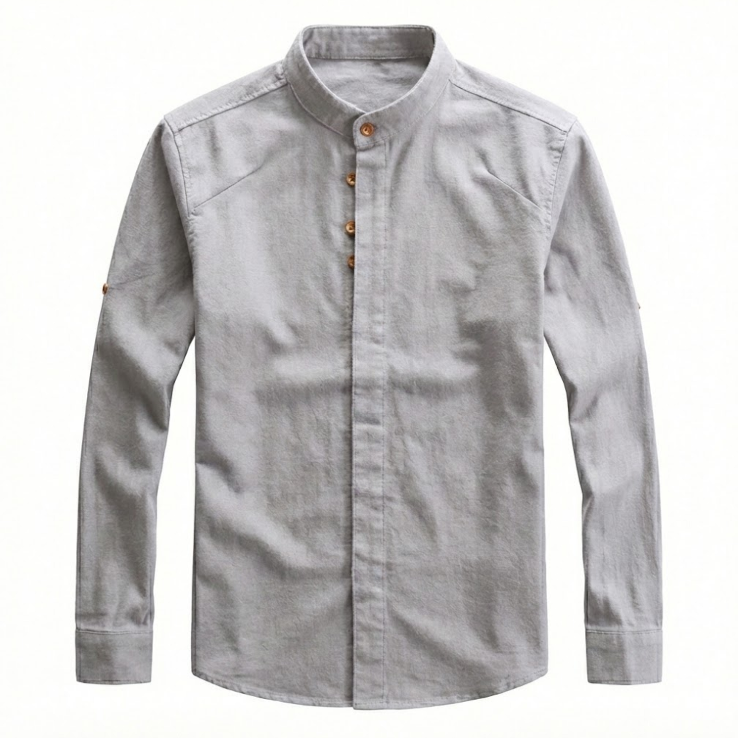 Men's Slim Fit Long Sleeve Cotton Linen Shirt with Stand Collar - Casual Button Down Top