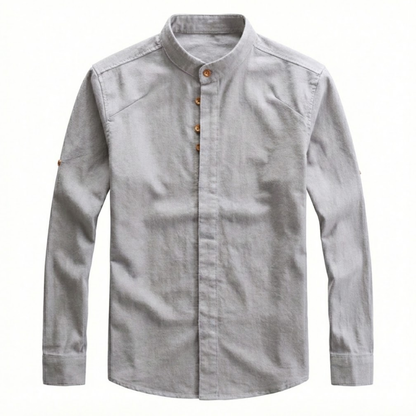 Men's Slim Fit Long Sleeve Cotton Linen Shirt with Stand Collar - Casual Button Down Top