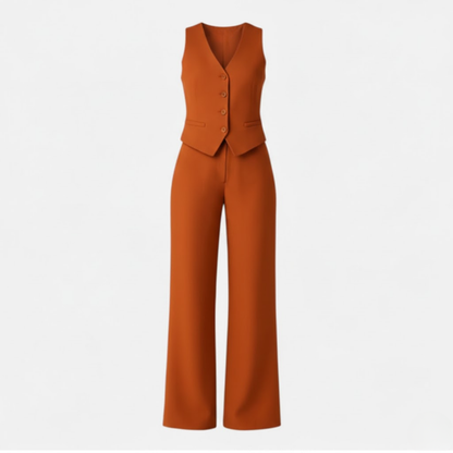 Women's V-Neck Sleeveless Waistcoat and High Waist Wide Leg Trousers Set