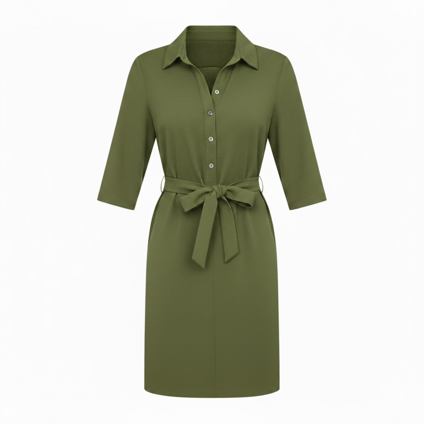 Women's Casual Half Sleeve Shirt Dress with Turn-Down Collar and Adjustable Waist Tie