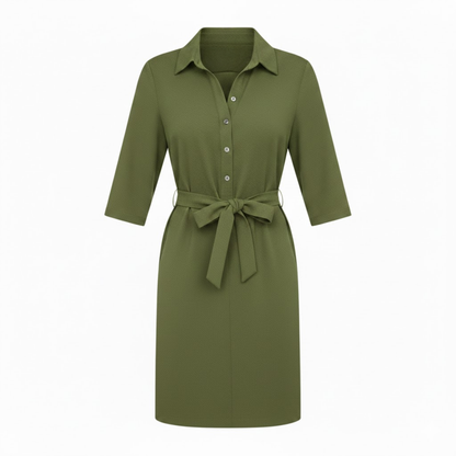 Women's Casual Half Sleeve Shirt Dress with Turn-Down Collar and Adjustable Waist Tie