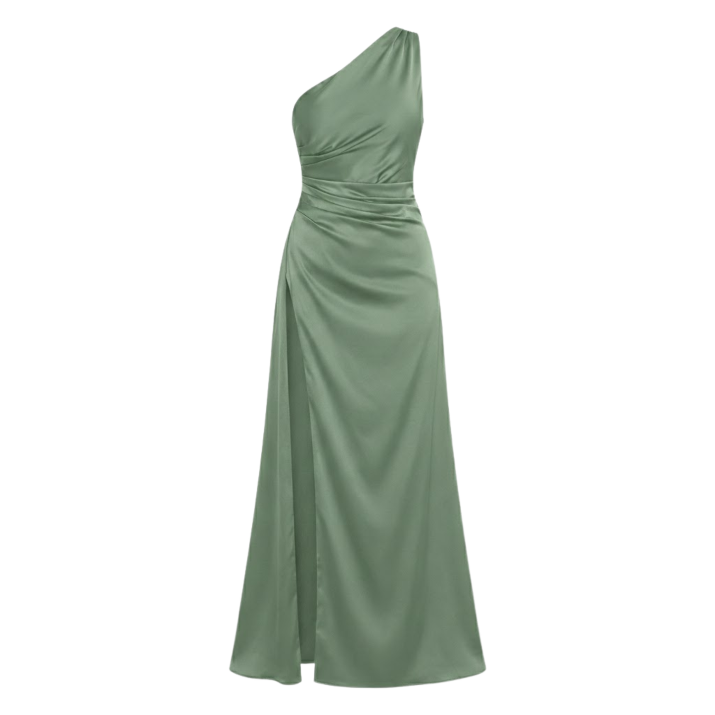 Chic One Shoulder Satin Maxi Dress with Asymmetrical Pleats and High Split Hem for Formal Evening Occasions