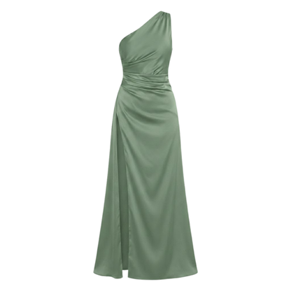 Chic One Shoulder Satin Maxi Dress with Asymmetrical Pleats and High Split Hem for Formal Evening Occasions
