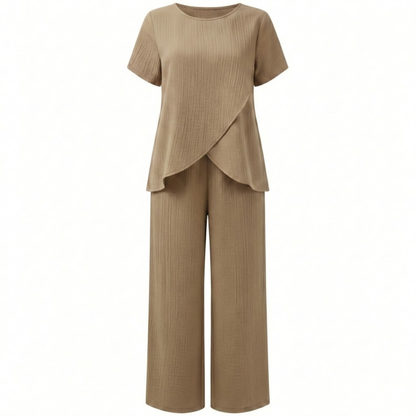 Women's Casual Two-Piece Set with Asymmetrical Split Top and Wide Leg Pants