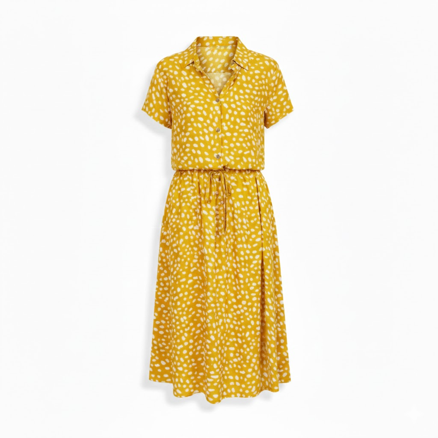 Polka Dot Short Sleeve Shirt Dress with Turn Down Collar and Coordinating Waistband