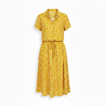 Polka Dot Short Sleeve Shirt Dress with Turn Down Collar and Coordinating Waistband