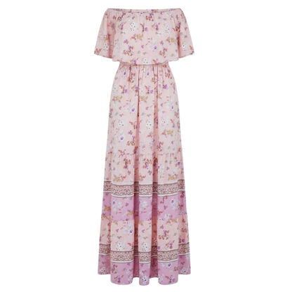 Floral Off-Shoulder Maxi Dress - Ankle-Length A-Line Asymmetrical Gown with Slash Neck