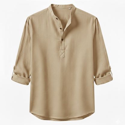 Men's Long Sleeve Cotton Linen Henley Shirt - Breathable Casual Beach Button Top
