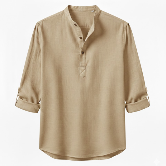Men's Long Sleeve Cotton Linen Henley Shirt - Breathable Casual Beach Button Top