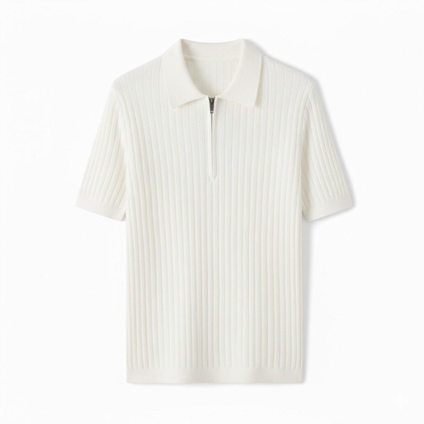 Men's Slim Fit Short Sleeve Knitted Polo Shirt with Half-Zip - Textured Casual Tee