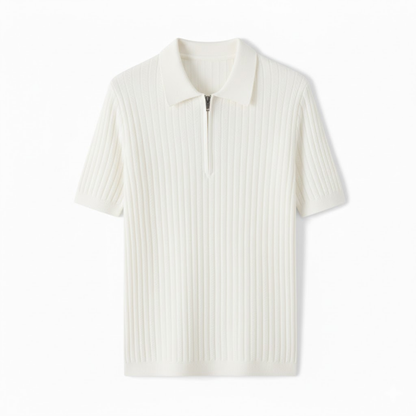 Men's Slim Fit Short Sleeve Knitted Polo Shirt with Half-Zip - Textured Casual Tee