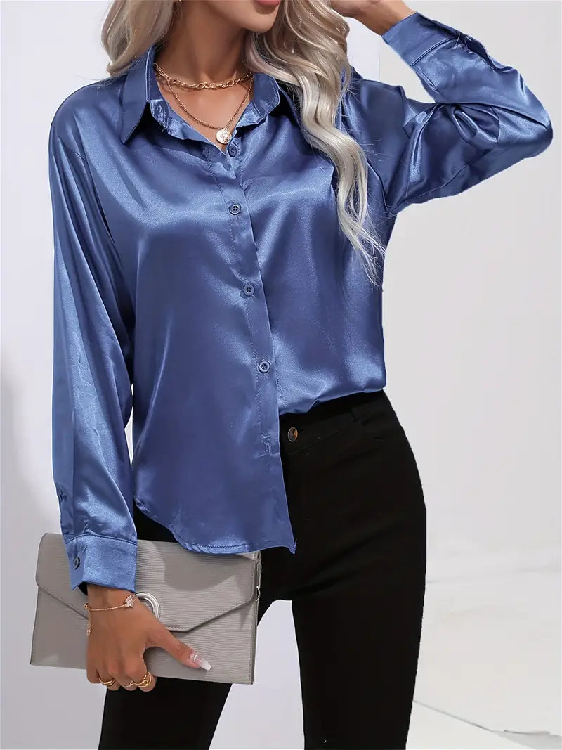 Celia - Luxe satin silk top with long sleeves and buttons