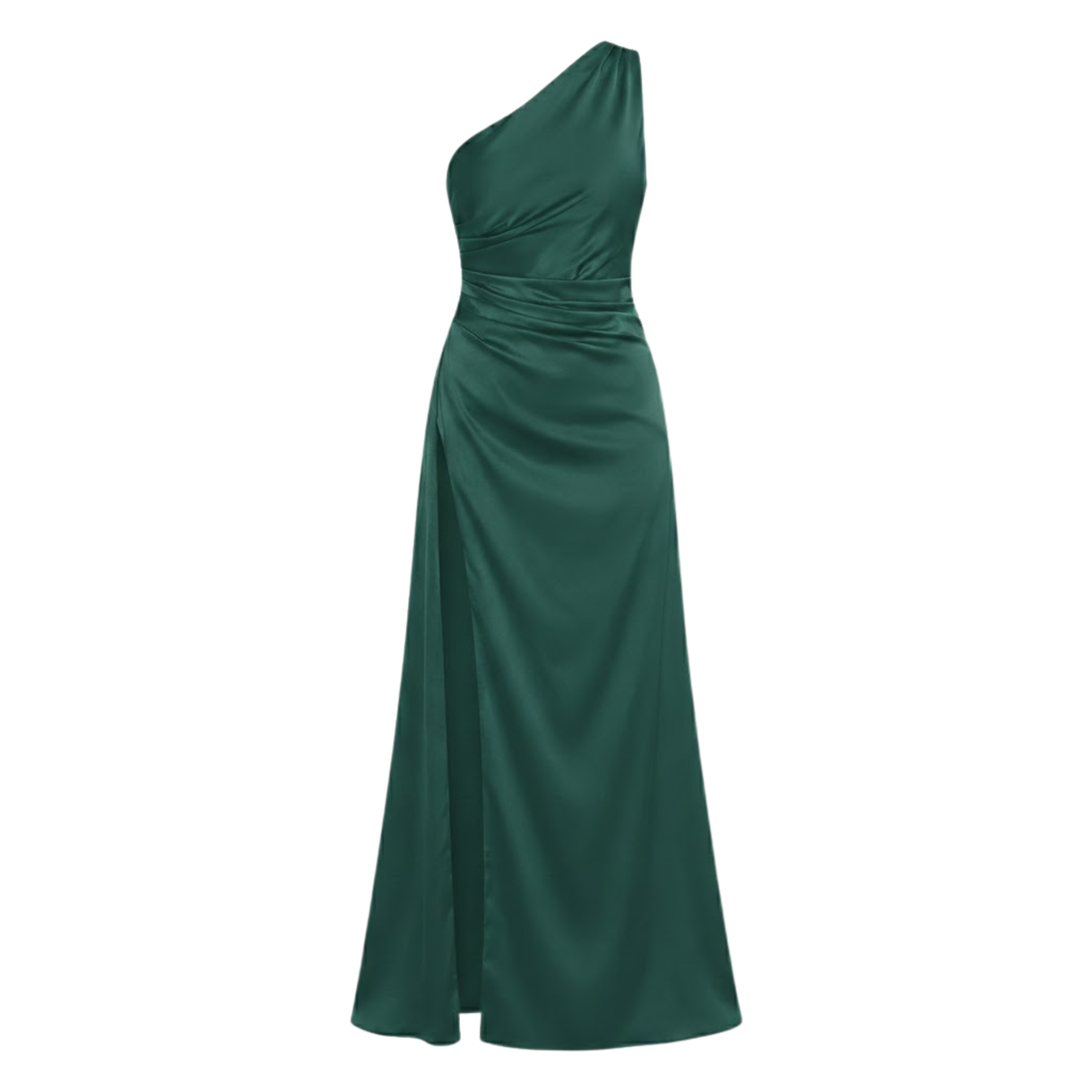 Chic One Shoulder Satin Maxi Dress with Asymmetrical Pleats and High Split Hem for Formal Evening Occasions