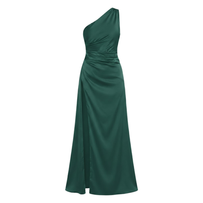 Chic One Shoulder Satin Maxi Dress with Asymmetrical Pleats and High Split Hem for Formal Evening Occasions