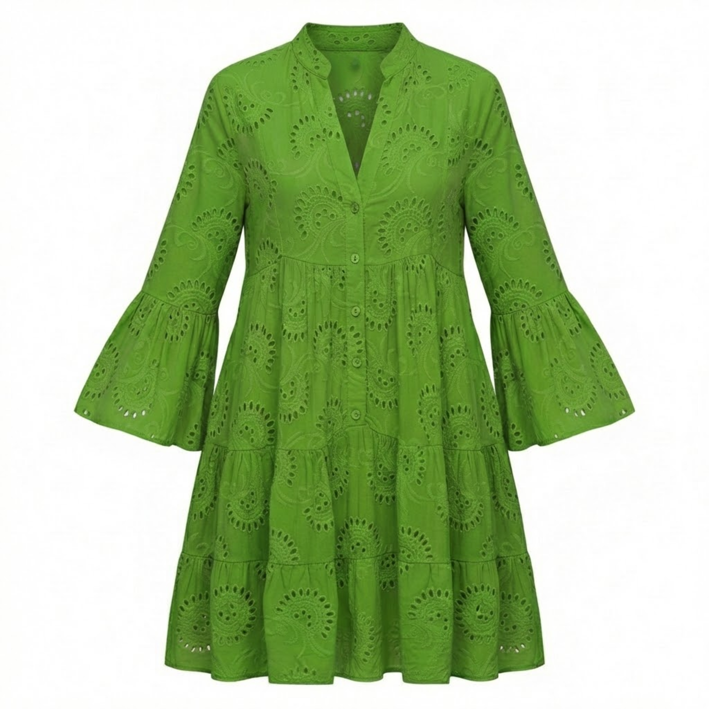V-Neck Eyelet Cotton Mini Dress with Flare Sleeves, Hollow Out Design, Button Front, and Tiered Skirt