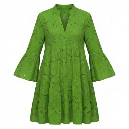 V-Neck Eyelet Cotton Mini Dress with Flare Sleeves, Hollow Out Design, Button Front, and Tiered Skirt