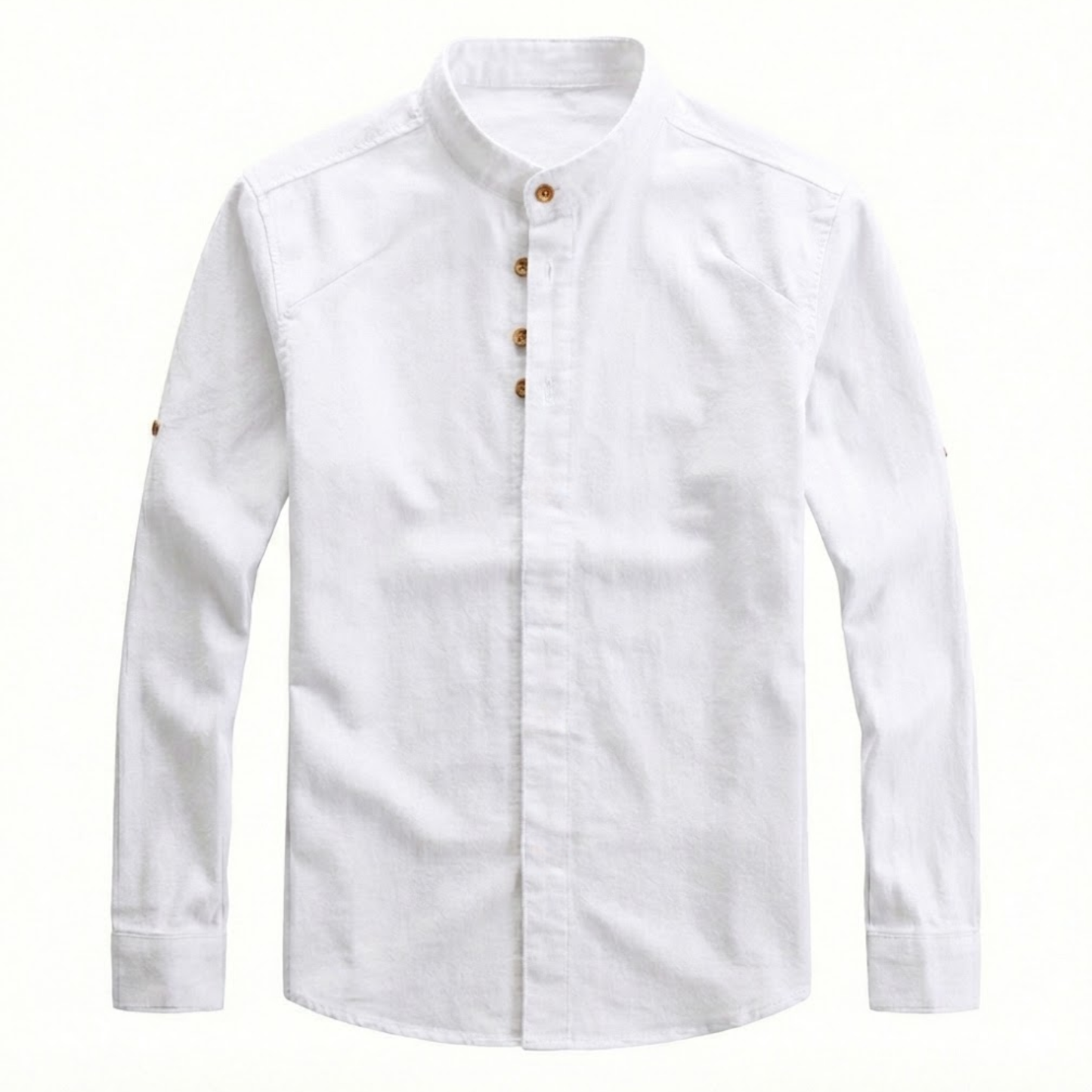Men's Slim Fit Long Sleeve Cotton Linen Shirt with Stand Collar - Casual Button Down Top
