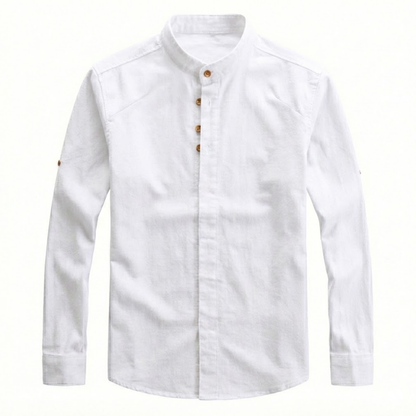 Men's Slim Fit Long Sleeve Cotton Linen Shirt with Stand Collar - Casual Button Down Top