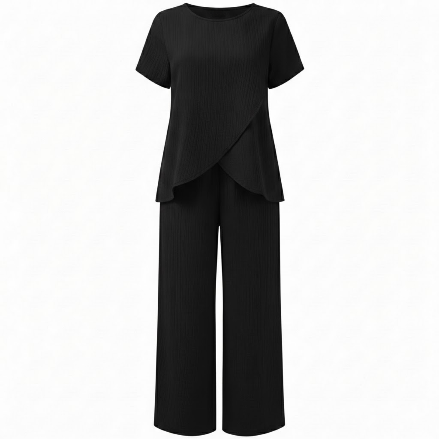 Women's Casual Two-Piece Set with Asymmetrical Split Top and Wide Leg Pants