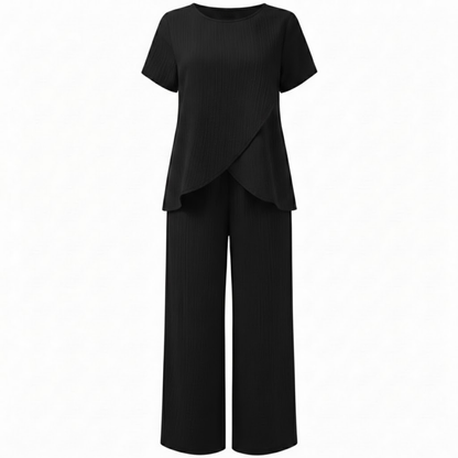 Women's Casual Two-Piece Set with Asymmetrical Split Top and Wide Leg Pants
