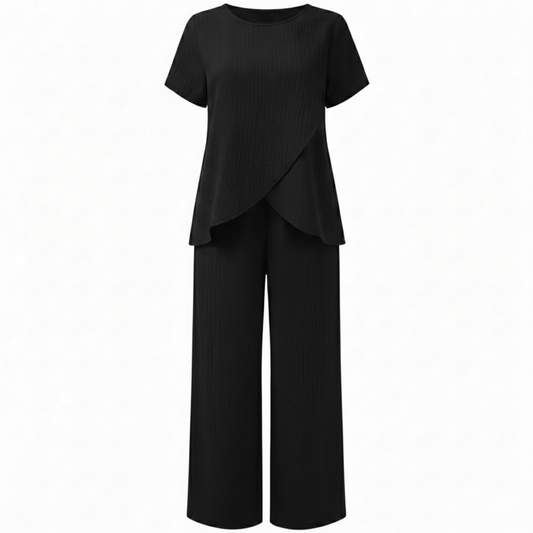 Women's Casual Two-Piece Set with Asymmetrical Split Top and Wide Leg Pants