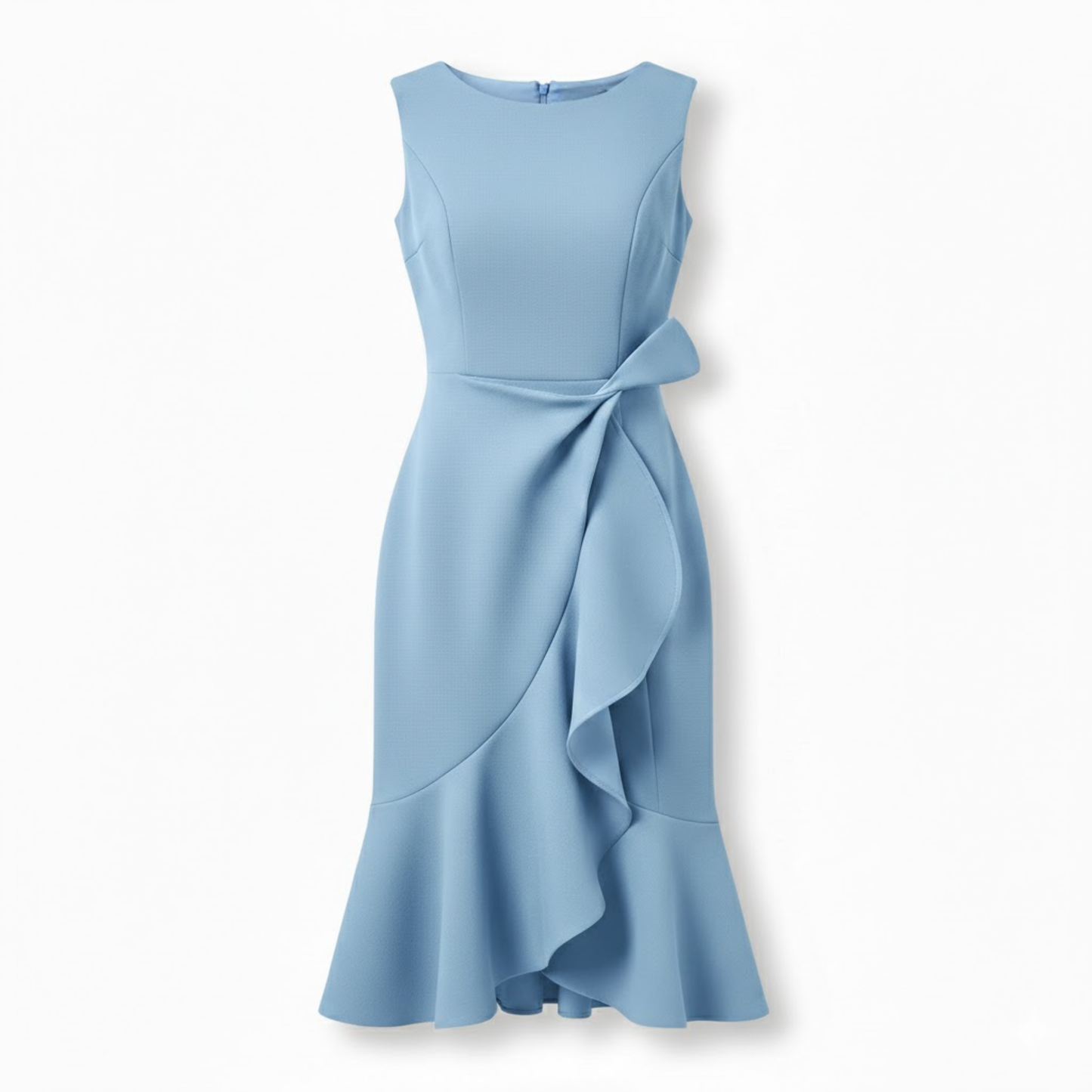 Women's Sleeveless Cotton Blend Midi Dress with Asymmetrical Ruffle and Mermaid Fit