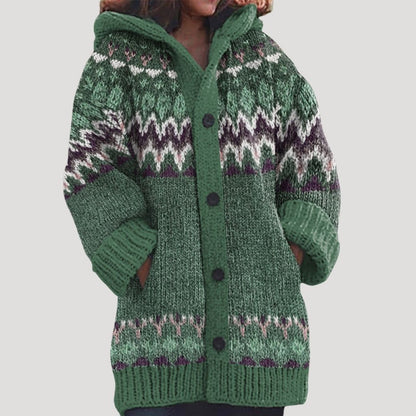 Cozy Women's Fair Isle Chunky Knit Hooded Cardigan for Warmth and Style