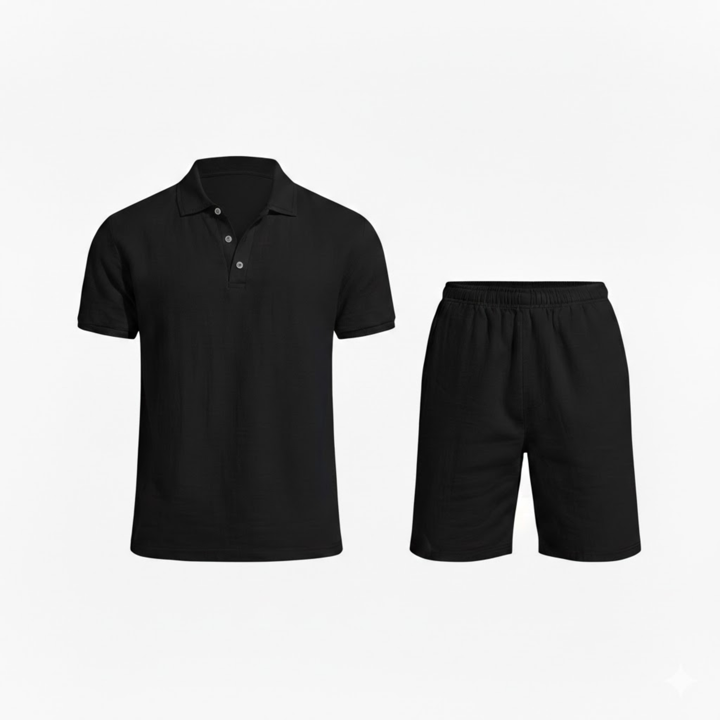 Men's Casual Two-Piece Linen Outfit - Short Sleeve Polo Shirt with Drawstring Shorts