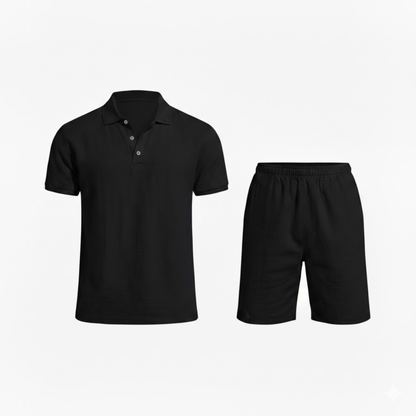Men's Casual Two-Piece Linen Outfit - Short Sleeve Polo Shirt with Drawstring Shorts