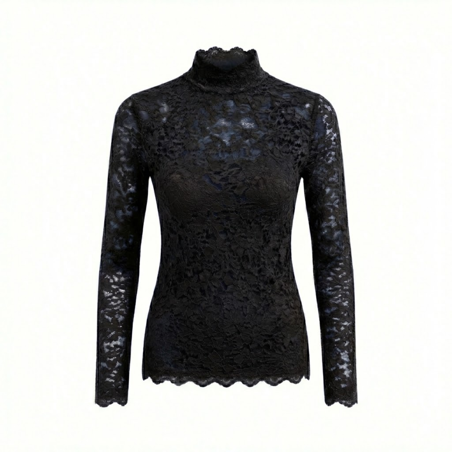 Floral Lace Long Sleeve Turtleneck Top with Petal Sleeves - Women's Knit Mesh Tee
