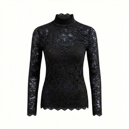 Floral Lace Long Sleeve Turtleneck Top with Petal Sleeves - Women's Knit Mesh Tee