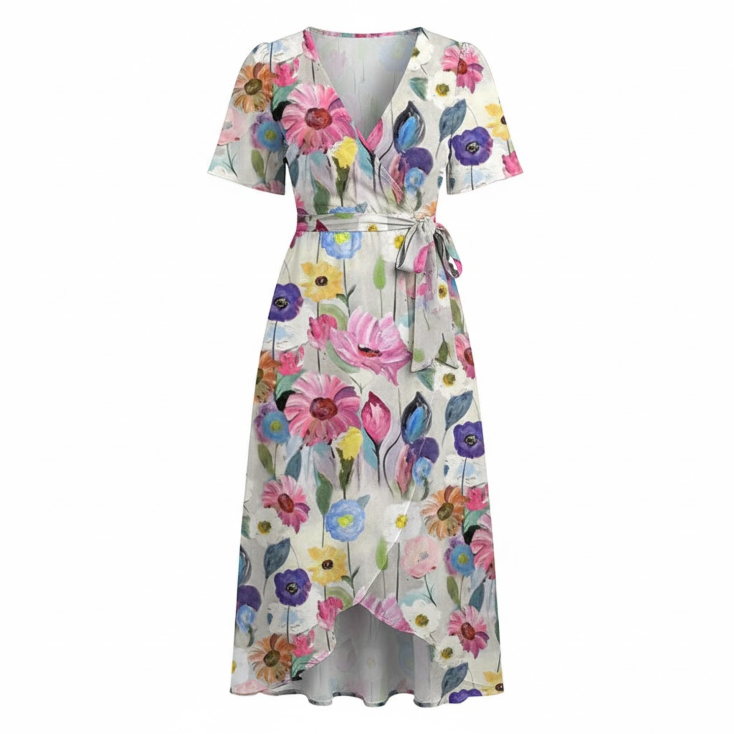 Women's Floral V-Neck Midi Dress with Short Flutter Sleeves and Empire Waist