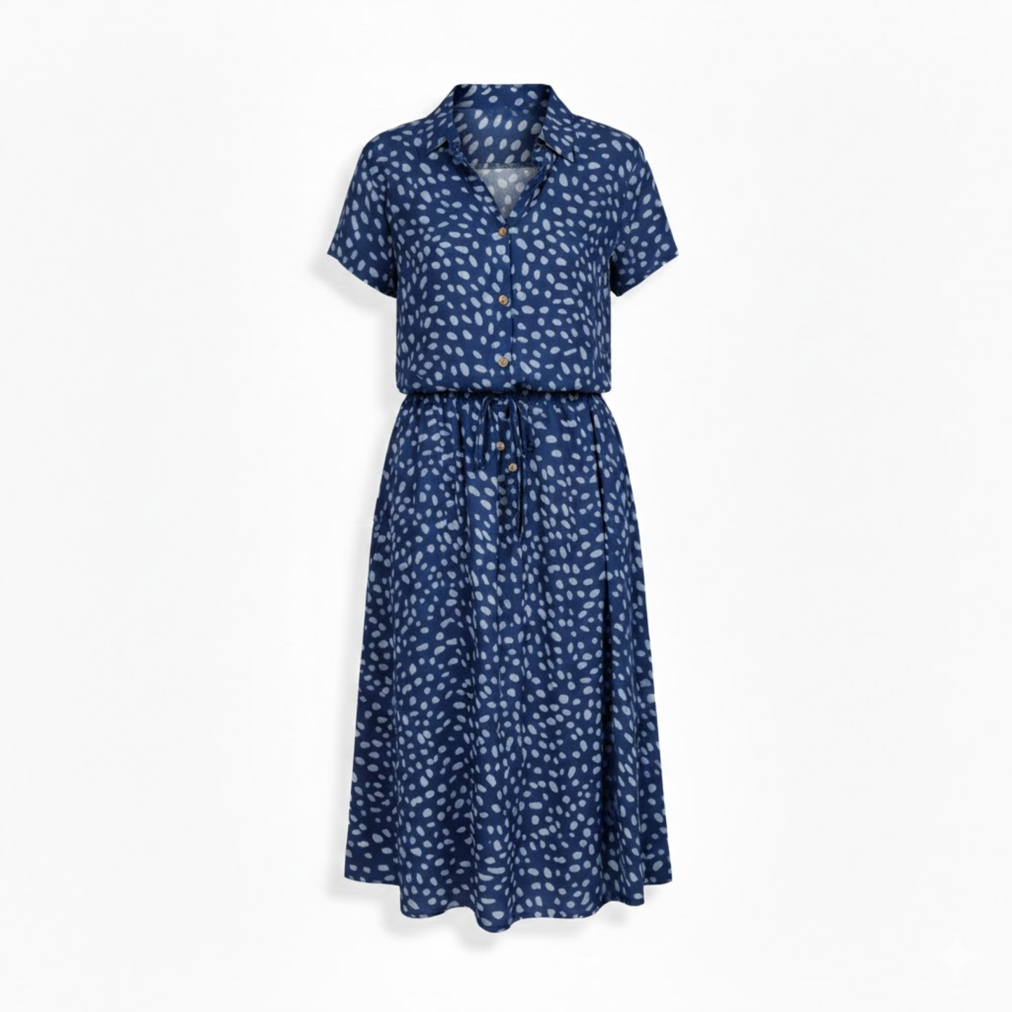 Polka Dot Short Sleeve Shirt Dress with Turn Down Collar and Coordinating Waistband