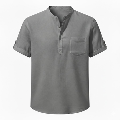 Men's Short Sleeve Cotton Linen Henley Shirt - Breathable Casual Beach Top with Pocket