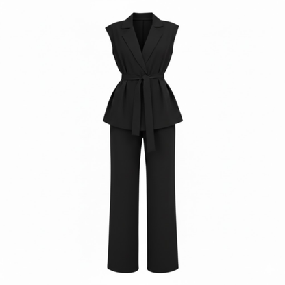 Women's Sleeveless Vest and Wide Leg Pants Outfit with Turn Down Collar and Adjustable Tie Waist Belt