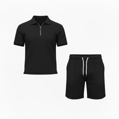 Men's Casual Two-Piece Tracksuit Set - Quarter Zip Polo Shirt and Drawstring Shorts